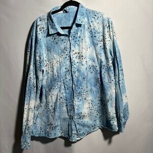VERDO Mens XL Blue Tie Dye Star Print Linen Cotton Button Up Top Long Sleeve